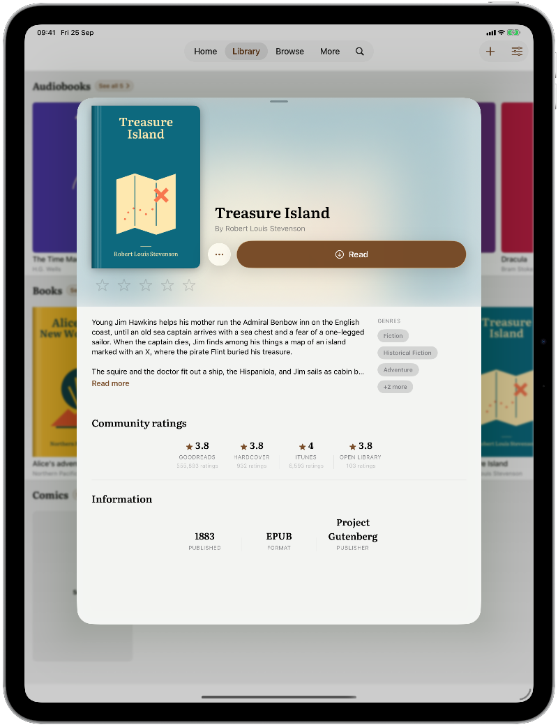 Treasure Island open in a floating book sheet over the library.