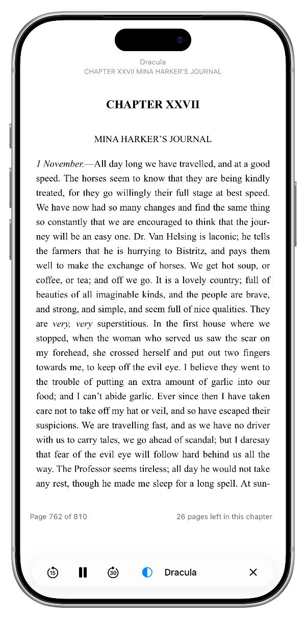 The Dracula ebook open at the page being narrated, with audiobook controls at the bottom.